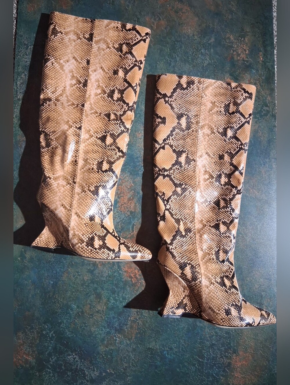 New-Faux Snakeskin Knee-High Boots in Tan and Black